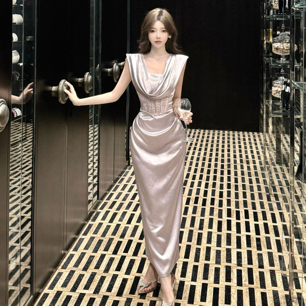 French Style Lavender Satin Cowl Neck Maxi Skirt Fashionable Sleeveless Lace Corset Waist Bodycon Long Dress AP1958