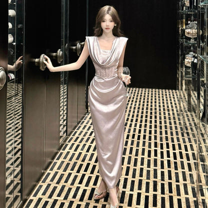 French Style Lavender Satin Cowl Neck Maxi Skirt Fashionable Sleeveless Lace Corset Waist Bodycon Long Dress AP1958