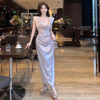 French Style Lavender Satin Cowl Neck Maxi Skirt Fashionable Sleeveless Lace Corset Waist Bodycon Long Dress AP1958