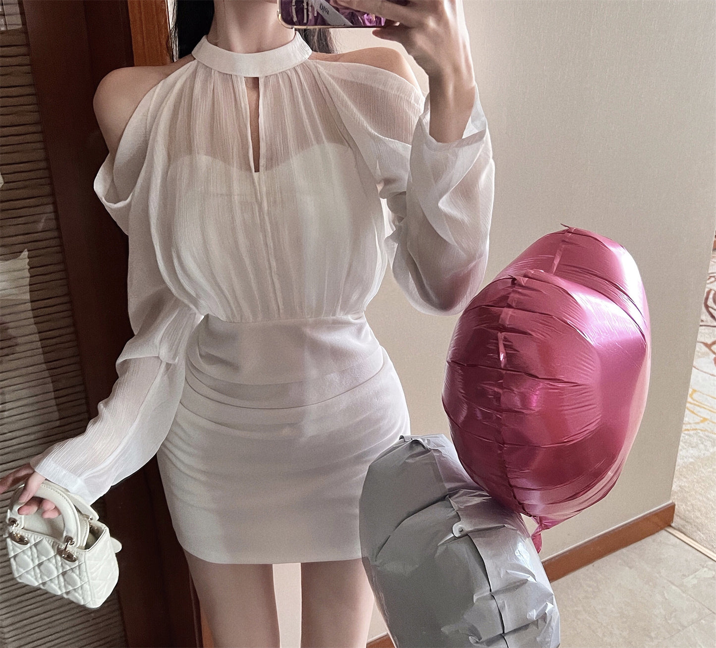 Vogue Ruched Waist Off-Shoulder Mini Skirt Vintage Night Out Occasions Sheer Mesh Long Sleeves Halter Short Dress AP1959