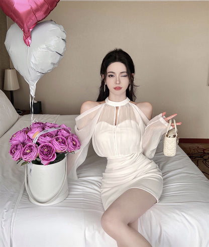 Vogue Ruched Waist Off-Shoulder Mini Skirt Vintage Night Out Occasions Sheer Mesh Long Sleeves Halter Short Dress AP1959