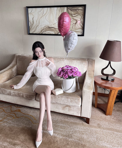 Vogue Ruched Waist Off-Shoulder Mini Skirt Vintage Night Out Occasions Sheer Mesh Long Sleeves Halter Short Dress AP1959