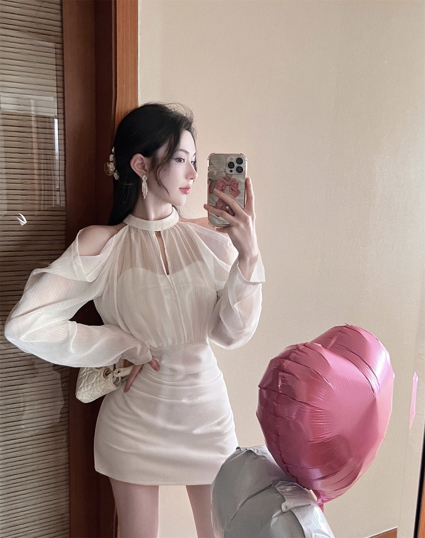 Vogue Ruched Waist Off-Shoulder Mini Skirt Vintage Night Out Occasions Sheer Mesh Long Sleeves Halter Short Dress AP1959