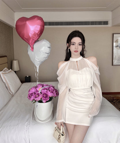 Vogue Ruched Waist Off-Shoulder Mini Skirt Vintage Night Out Occasions Sheer Mesh Long Sleeves Halter Short Dress AP1959