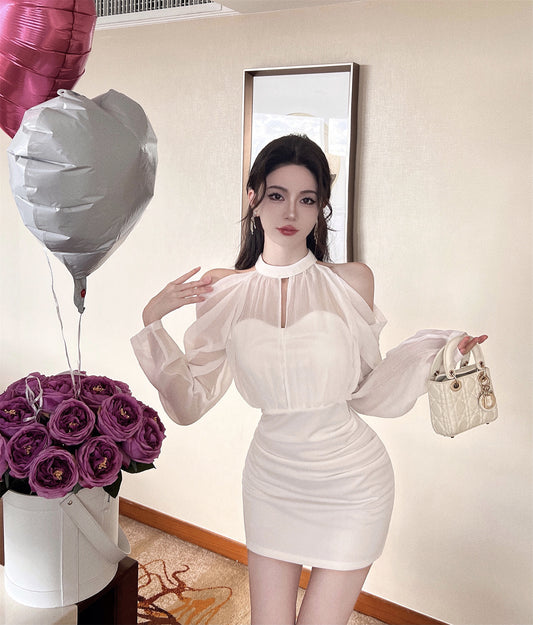 Vogue Ruched Waist Off-Shoulder Mini Skirt Vintage Night Out Occasions Sheer Mesh Long Sleeves Halter Short Dress AP1959