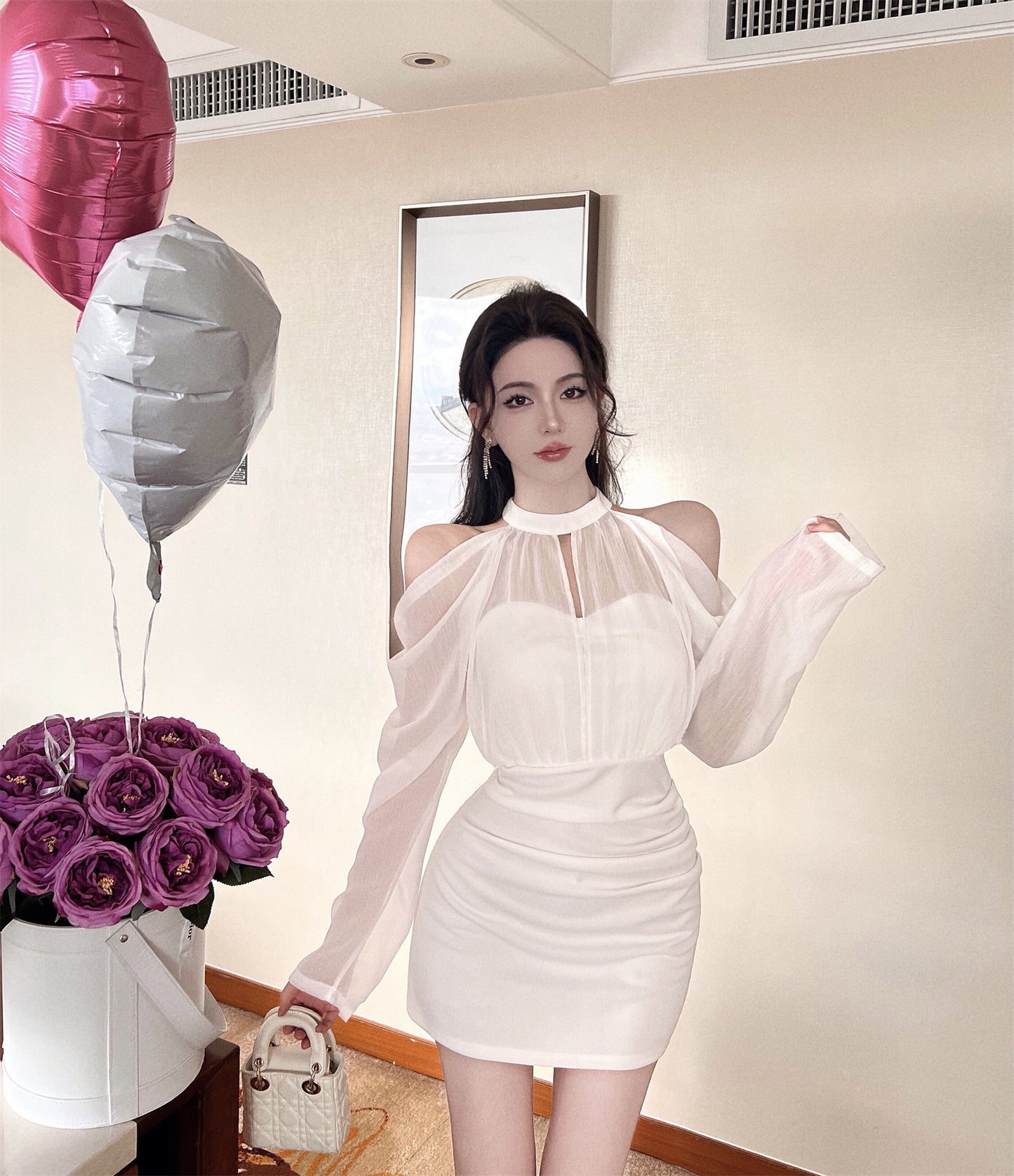 Vogue Ruched Waist Off-Shoulder Mini Skirt Vintage Night Out Occasions Sheer Mesh Long Sleeves Halter Short Dress AP1959