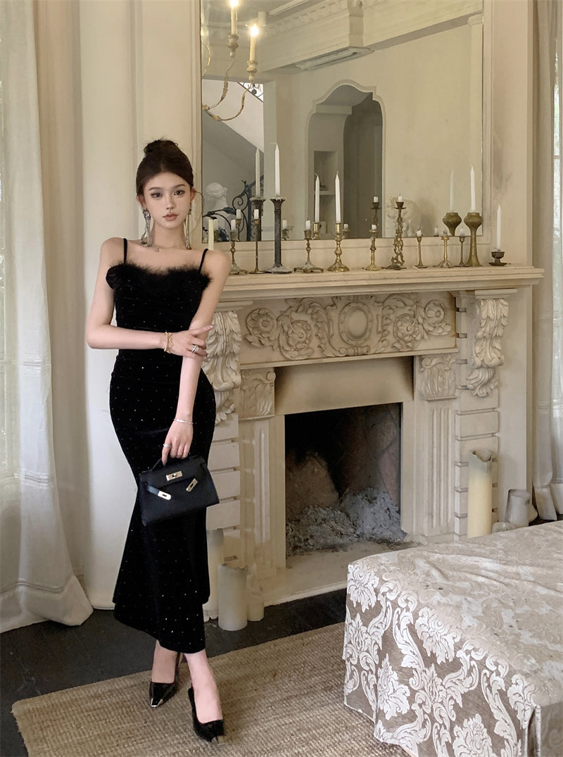 Elegant Black Velvet Mermaid Spaghetti Straps Midi Dress French-Inspired Feather Bustier Sequins Accents Long Dress AP1960