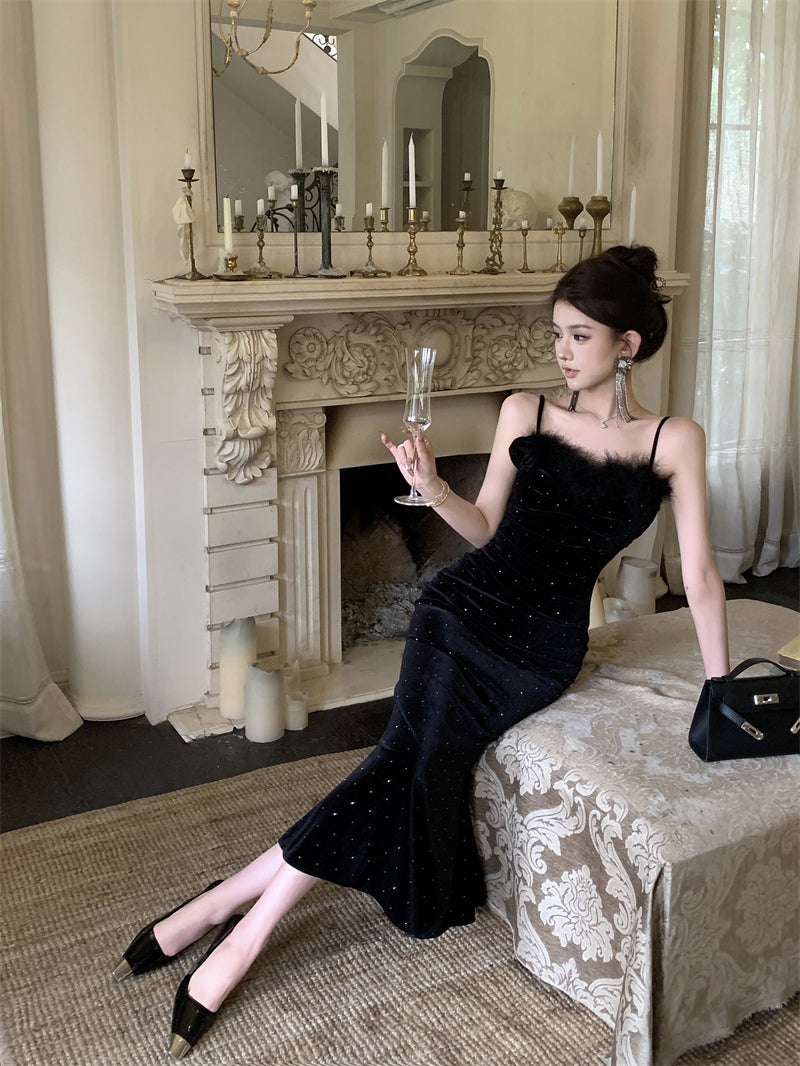 Elegant Black Velvet Mermaid Spaghetti Straps Midi Dress French-Inspired Feather Bustier Sequins Accents Long Dress AP1960