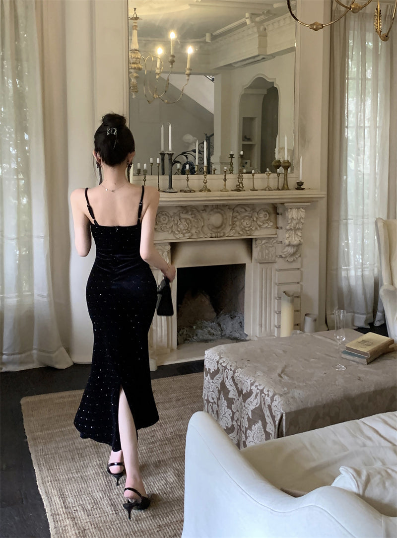 Elegant Black Velvet Mermaid Spaghetti Straps Midi Dress French-Inspired Feather Bustier Sequins Accents Long Dress AP1960