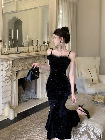 Elegant Black Velvet Mermaid Spaghetti Straps Midi Dress French-Inspired Feather Bustier Sequins Accents Long Dress AP1960