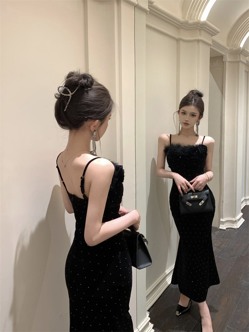Elegant Black Velvet Mermaid Spaghetti Straps Midi Dress French-Inspired Feather Bustier Sequins Accents Long Dress AP1960