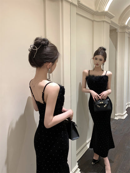 Elegant Black Velvet Mermaid Spaghetti Straps Midi Dress French-Inspired Feather Bustier Sequins Accents Long Dress AP1960
