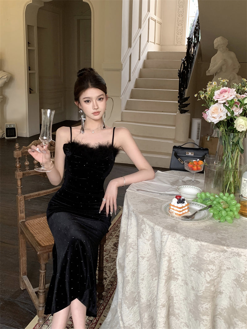 Elegant Black Velvet Mermaid Spaghetti Straps Midi Dress French-Inspired Feather Bustier Sequins Accents Long Dress AP1960