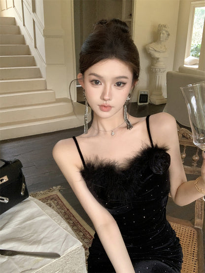 Elegant Black Velvet Mermaid Spaghetti Straps Midi Dress French-Inspired Feather Bustier Sequins Accents Long Dress AP1960