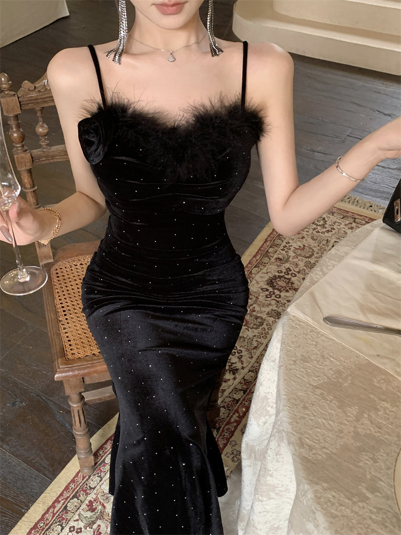 Elegant Black Velvet Mermaid Spaghetti Straps Midi Dress French-Inspired Feather Bustier Sequins Accents Long Dress AP1960