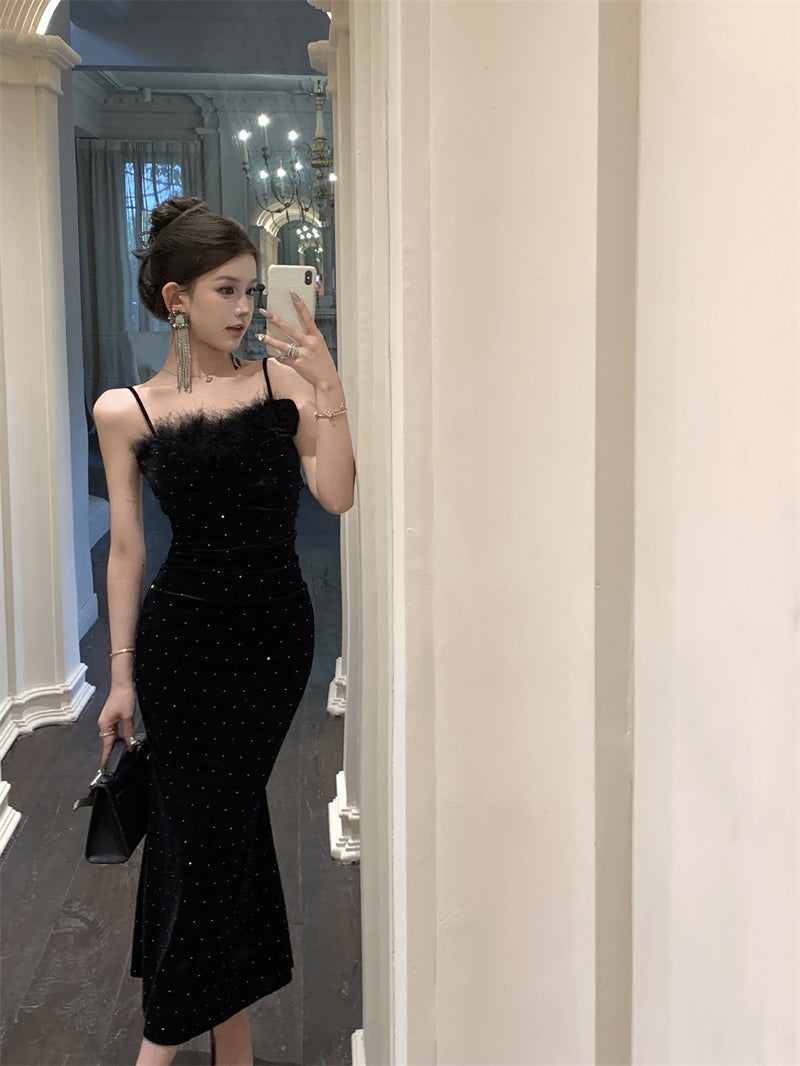Elegant Black Velvet Mermaid Spaghetti Straps Midi Dress French-Inspired Feather Bustier Sequins Accents Long Dress AP1960