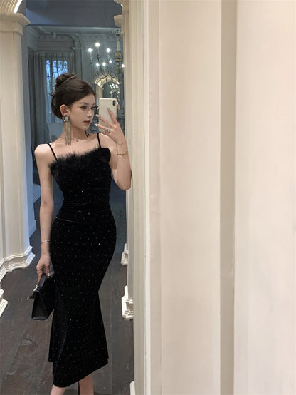 Elegant Black Velvet Mermaid Spaghetti Straps Midi Dress French-Inspired Feather Bustier Sequins Accents Long Dress AP1960