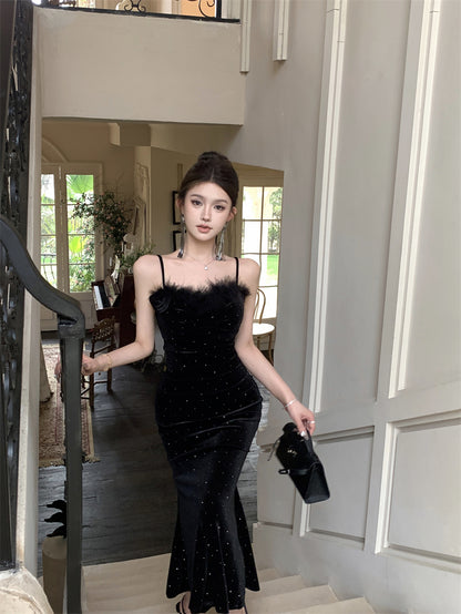 Elegant Black Velvet Mermaid Spaghetti Straps Midi Dress French-Inspired Feather Bustier Sequins Accents Long Dress AP1960