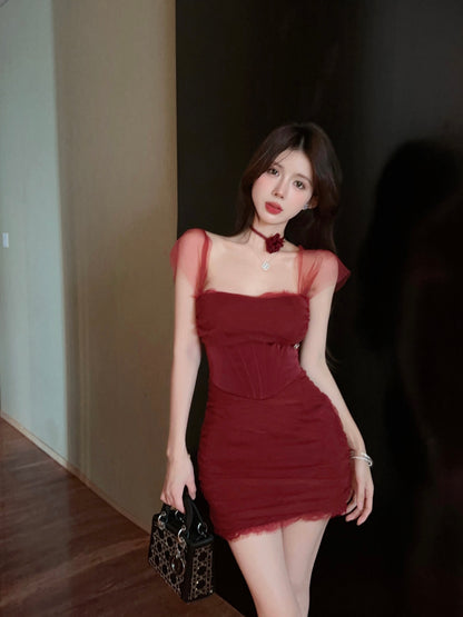 Romantic Square Neck Burgundy Sheer Mesh Mini Dress Charming Sheer Cap Sleeves Lace Trim Ruched Waist Short Dress AP1962