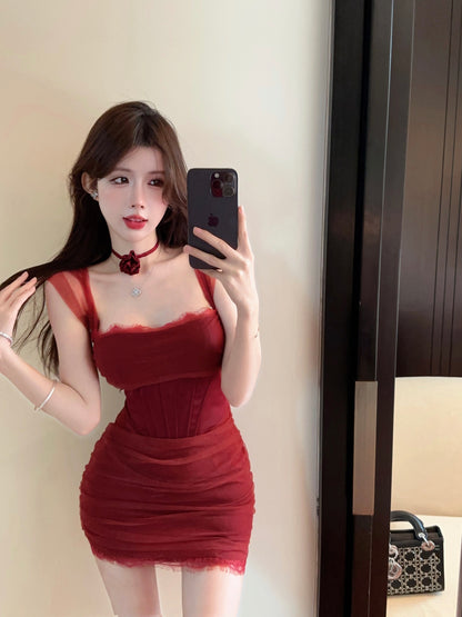 Romantic Square Neck Burgundy Sheer Mesh Mini Dress Charming Sheer Cap Sleeves Lace Trim Ruched Waist Short Dress AP1962