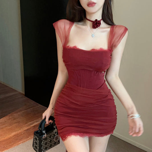 Romantic Square Neck Burgundy Sheer Mesh Mini Dress Charming Sheer Cap Sleeves Lace Trim Ruched Waist Short Dress AP1962