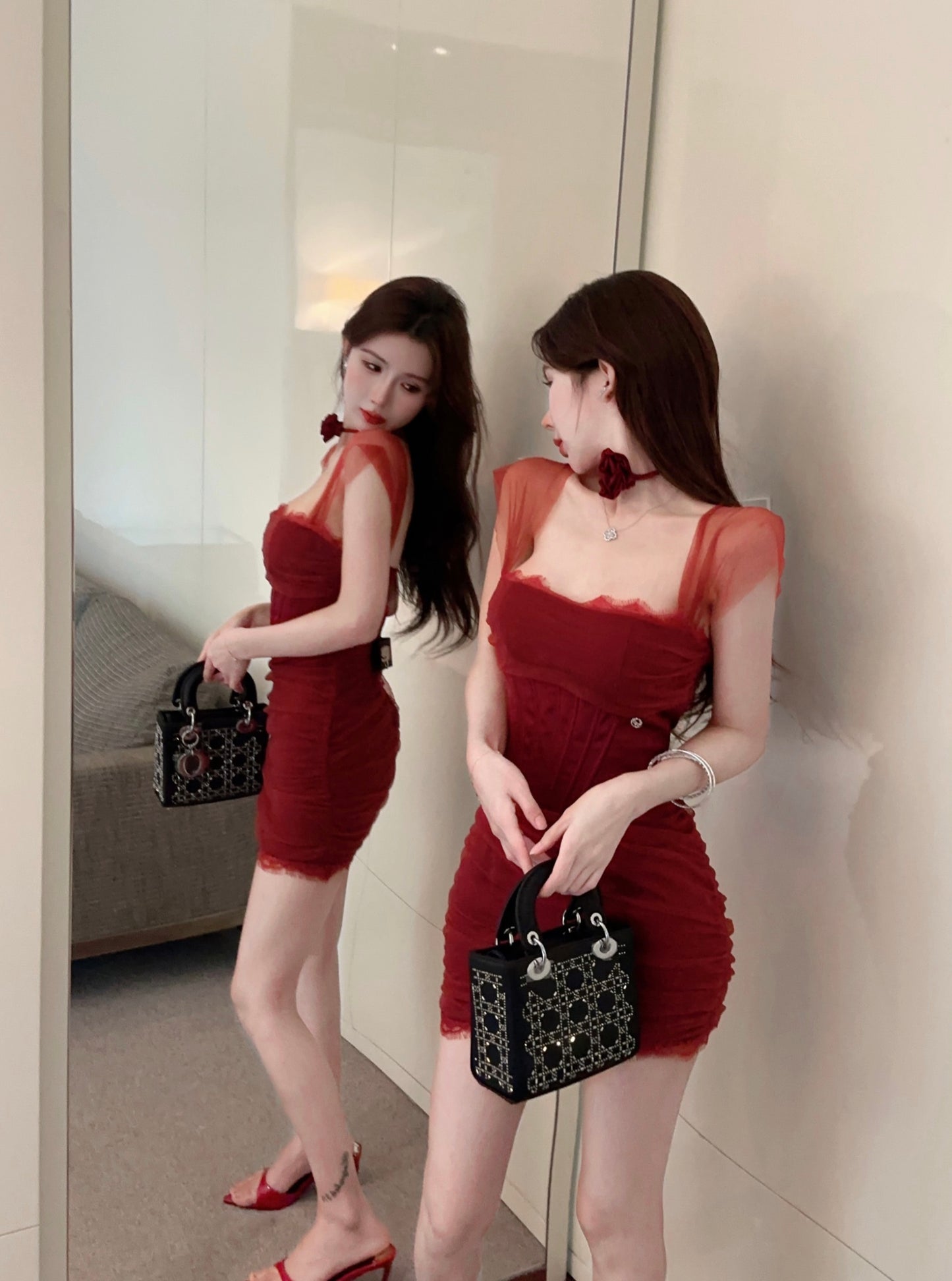 Romantic Square Neck Burgundy Sheer Mesh Mini Dress Charming Sheer Cap Sleeves Lace Trim Ruched Waist Short Dress AP1962