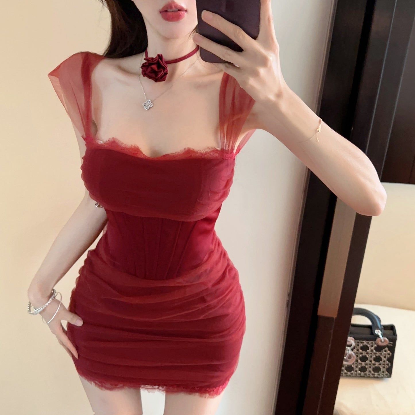 Romantic Square Neck Burgundy Sheer Mesh Mini Dress Charming Sheer Cap Sleeves Lace Trim Ruched Waist Short Dress AP1962