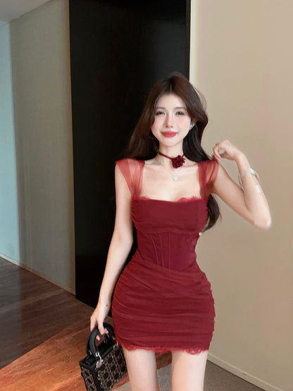Romantic Square Neck Burgundy Sheer Mesh Mini Dress Charming Sheer Cap Sleeves Lace Trim Ruched Waist Short Dress AP1962