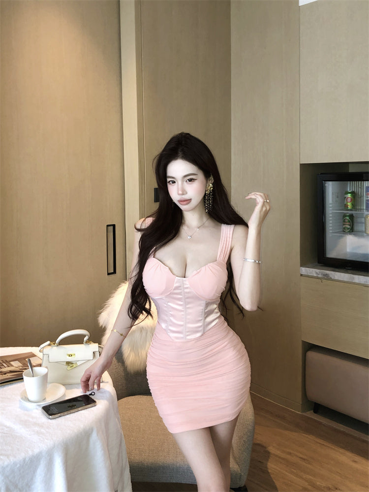 Alluring Figure-Hugging Pink Square Neck Mini Dress Hot Girls Cupped Bust Party Nights Sheer Cap Sleeves Short Dress AP1963