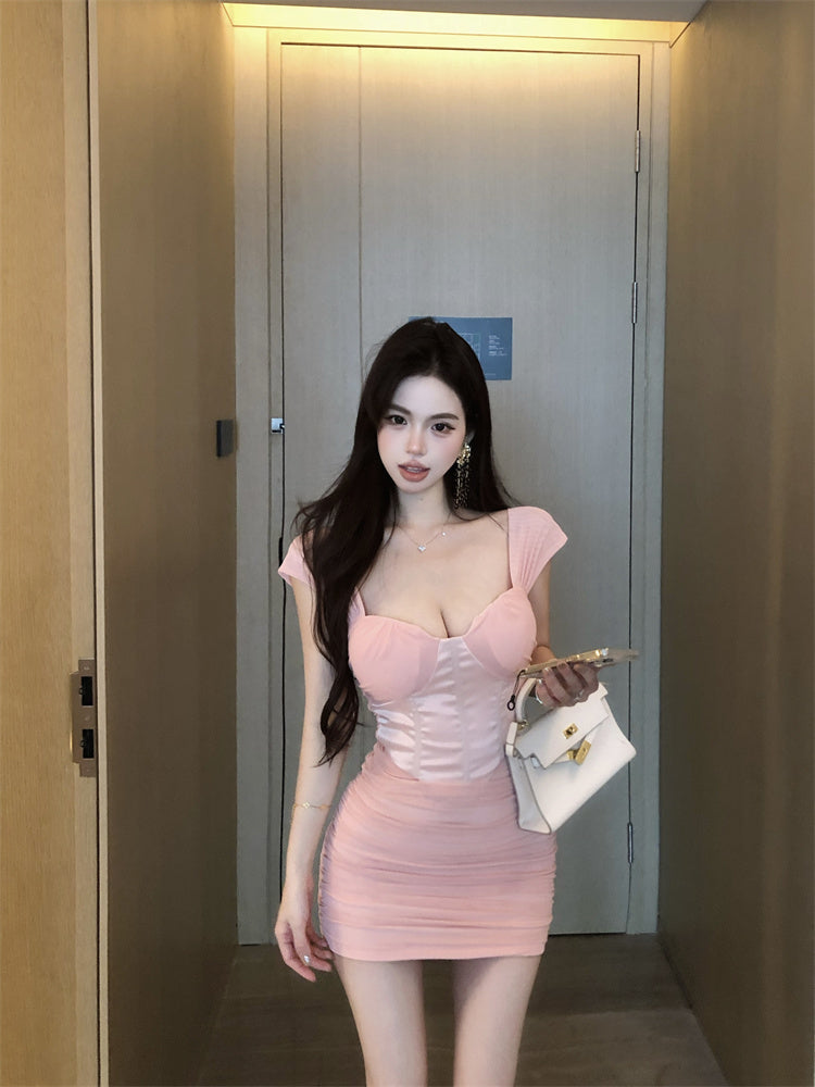 Alluring Figure-Hugging Pink Square Neck Mini Dress Hot Girls Cupped Bust Party Nights Sheer Cap Sleeves Short Dress AP1963
