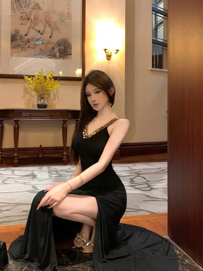 Unique Deep V-Neck Gold Sequin Straps Maxi Dress Charming High Side Slit Night Parties Black Sheath Long Dress AP1964