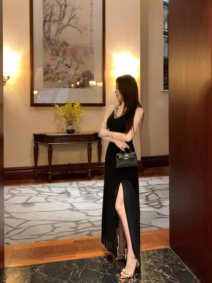 Unique Deep V-Neck Gold Sequin Straps Maxi Dress Charming High Side Slit Night Parties Black Sheath Long Dress AP1964