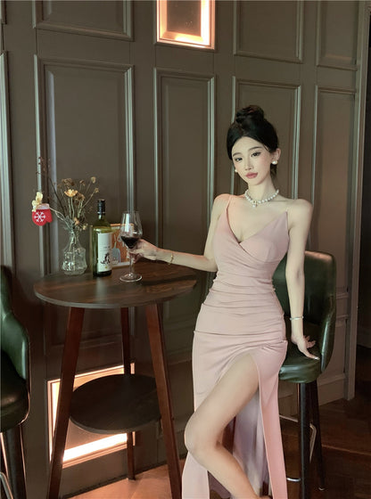 Graceful High-Slit Mermaid Pink Maxi Dress Classical Spaghetti Strap V-Neck Sheath Long Dress AP1965