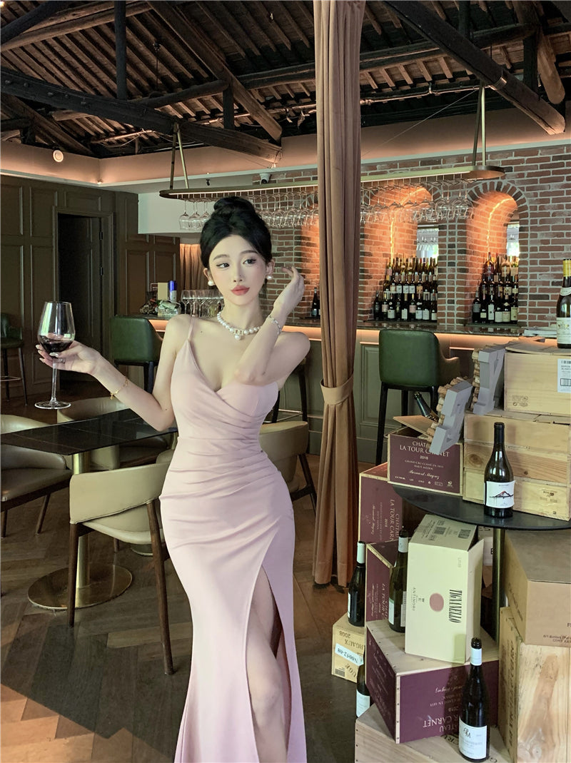 Graceful High-Slit Mermaid Pink Maxi Dress Classical Spaghetti Strap V-Neck Sheath Long Dress AP1965