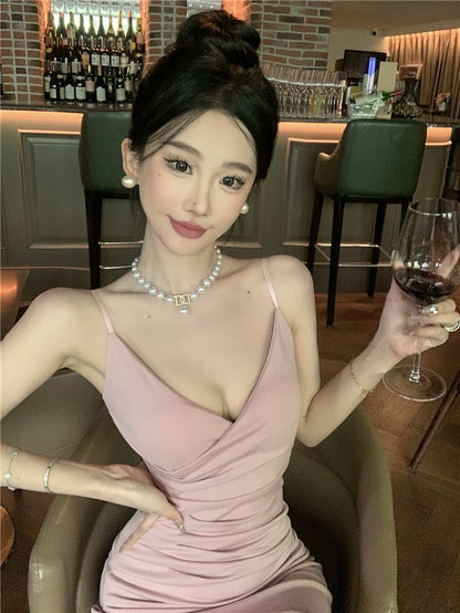 Graceful High-Slit Mermaid Pink Maxi Dress Classical Spaghetti Strap V-Neck Sheath Long Dress AP1965