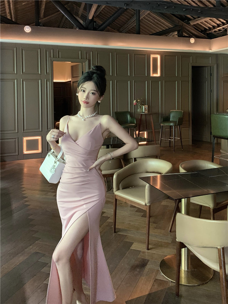 Graceful High-Slit Mermaid Pink Maxi Dress Classical Spaghetti Strap V-Neck Sheath Long Dress AP1965