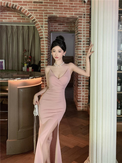 Graceful High-Slit Mermaid Pink Maxi Dress Classical Spaghetti Strap V-Neck Sheath Long Dress AP1965