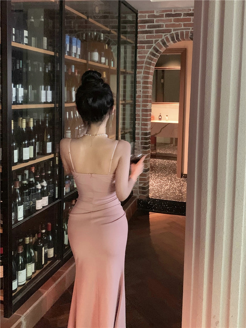 Graceful High-Slit Mermaid Pink Maxi Dress Classical Spaghetti Strap V-Neck Sheath Long Dress AP1965