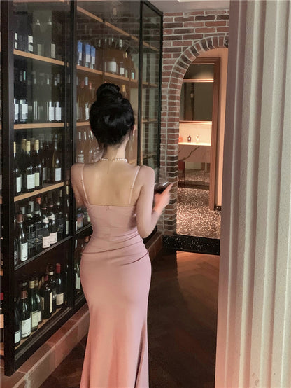 Graceful High-Slit Mermaid Pink Maxi Dress Classical Spaghetti Strap V-Neck Sheath Long Dress AP1965