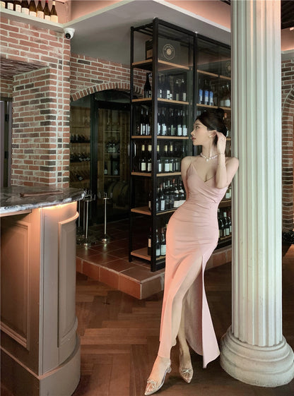 Graceful High-Slit Mermaid Pink Maxi Dress Classical Spaghetti Strap V-Neck Sheath Long Dress AP1965