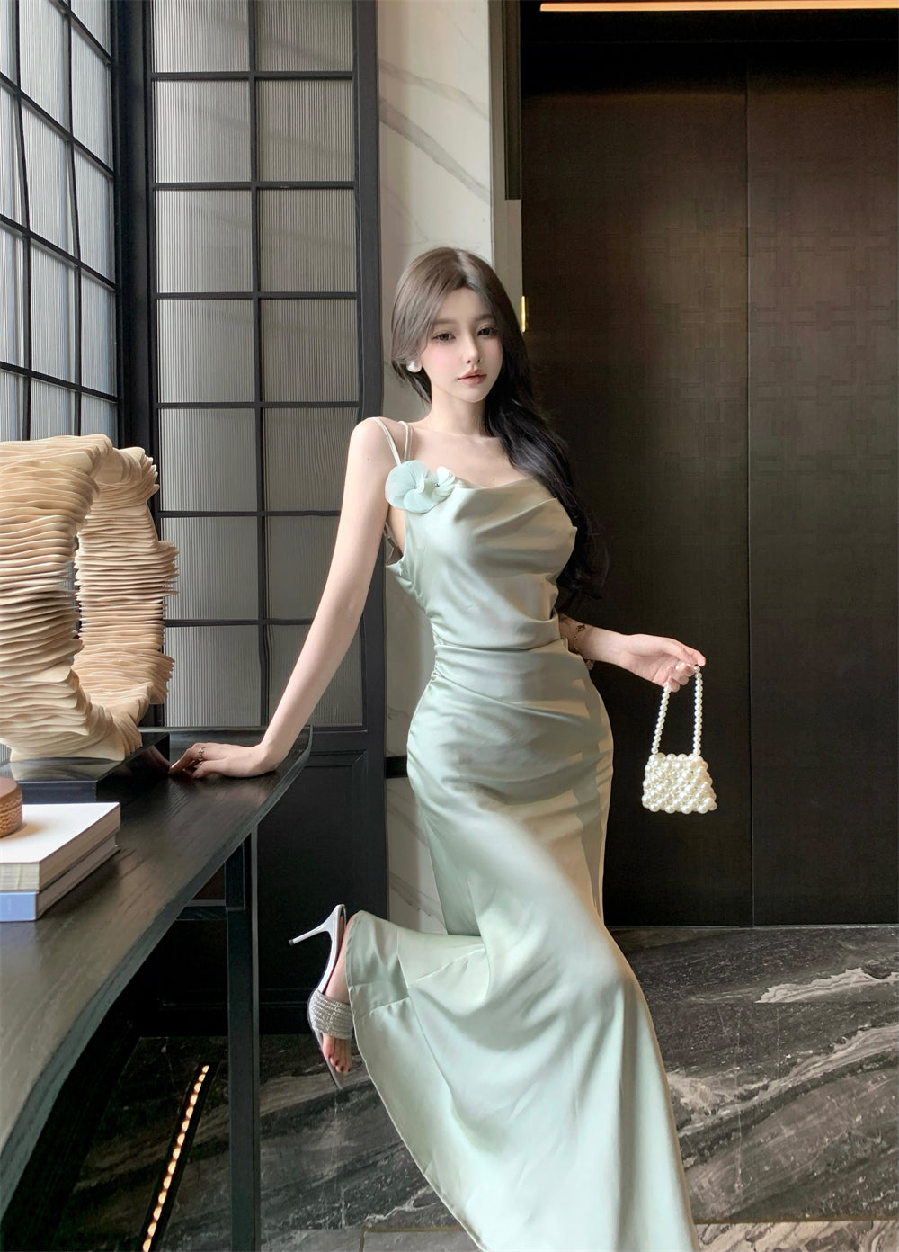 Romantic Light Mint Green 3D Flower Accent Maxi Dress Chic Cowl Neck Spaghetti Straps Crisscross Back Mermiad Long Dress AP1966