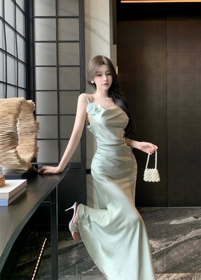 Romantic Light Mint Green 3D Flower Accent Maxi Dress Chic Cowl Neck Spaghetti Straps Crisscross Back Mermiad Long Dress AP1966