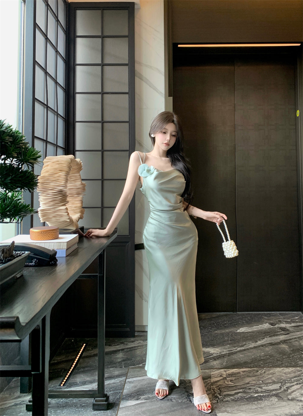 Romantic Light Mint Green 3D Flower Accent Maxi Dress Chic Cowl Neck Spaghetti Straps Crisscross Back Mermiad Long Dress AP1966