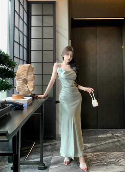 Romantic Light Mint Green 3D Flower Accent Maxi Dress Chic Cowl Neck Spaghetti Straps Crisscross Back Mermiad Long Dress AP1966