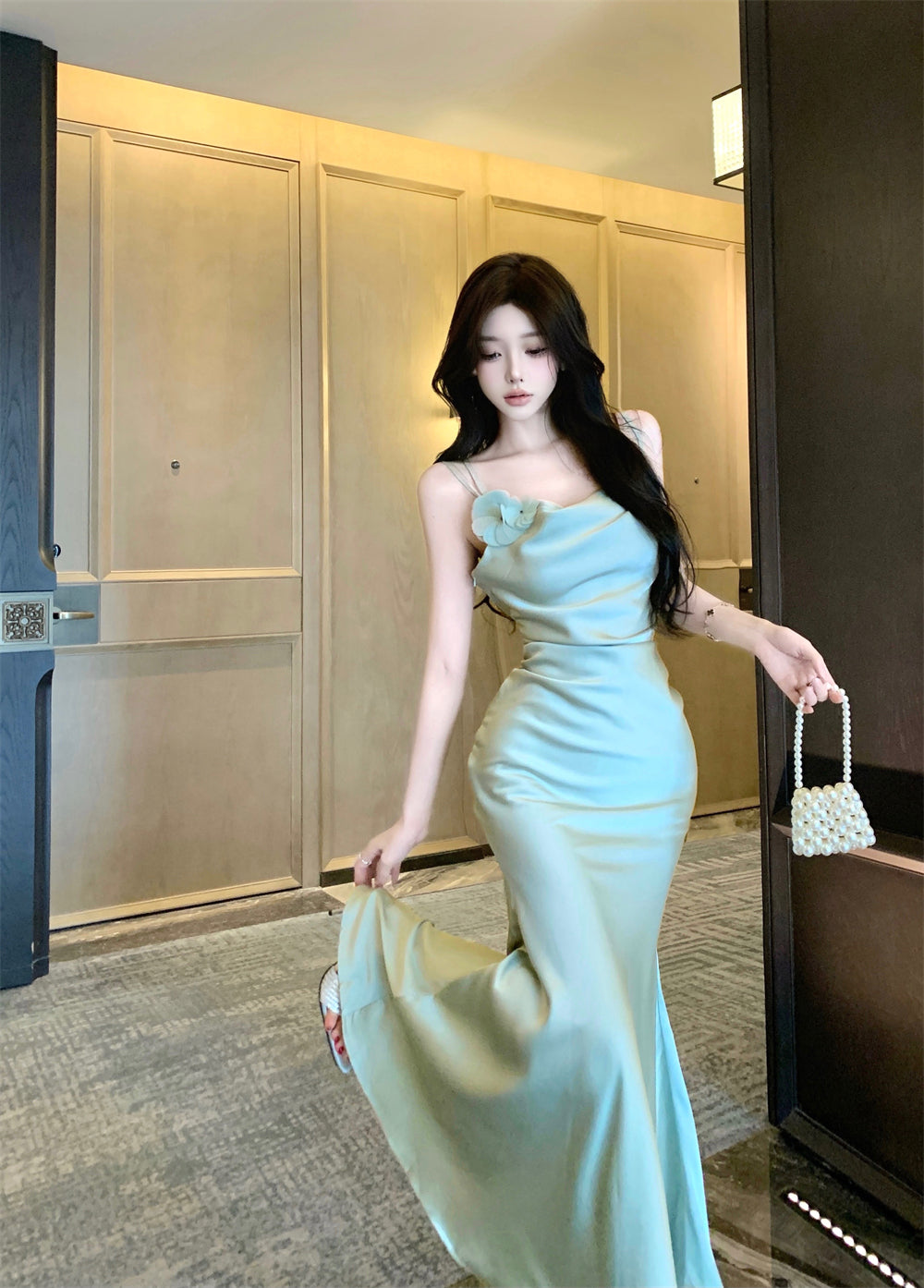 Romantic Light Mint Green 3D Flower Accent Maxi Dress Chic Cowl Neck Spaghetti Straps Crisscross Back Mermiad Long Dress AP1966