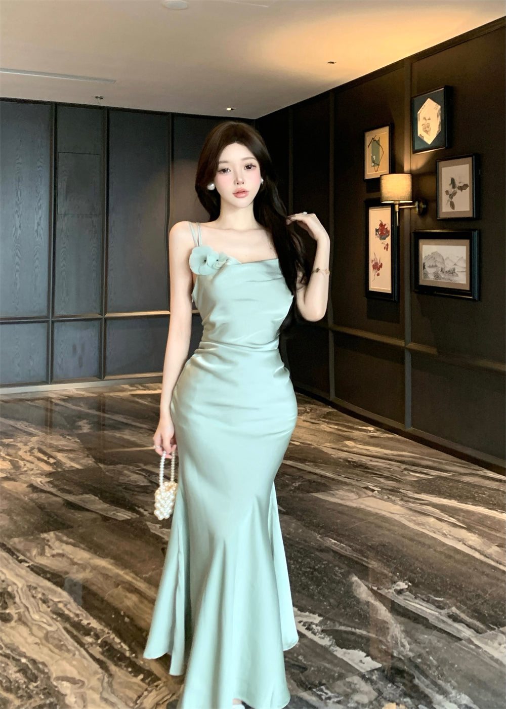 Romantic Light Mint Green 3D Flower Accent Maxi Dress Chic Cowl Neck Spaghetti Straps Crisscross Back Mermiad Long Dress AP1966