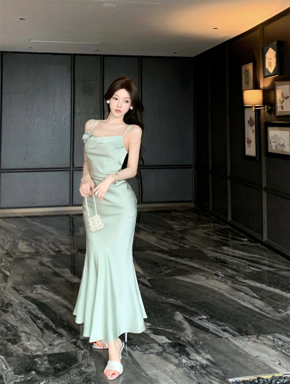 Romantic Light Mint Green 3D Flower Accent Maxi Dress Chic Cowl Neck Spaghetti Straps Crisscross Back Mermiad Long Dress AP1966