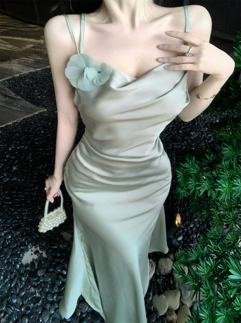 Romantic Light Mint Green 3D Flower Accent Maxi Dress Chic Cowl Neck Spaghetti Straps Crisscross Back Mermiad Long Dress AP1966