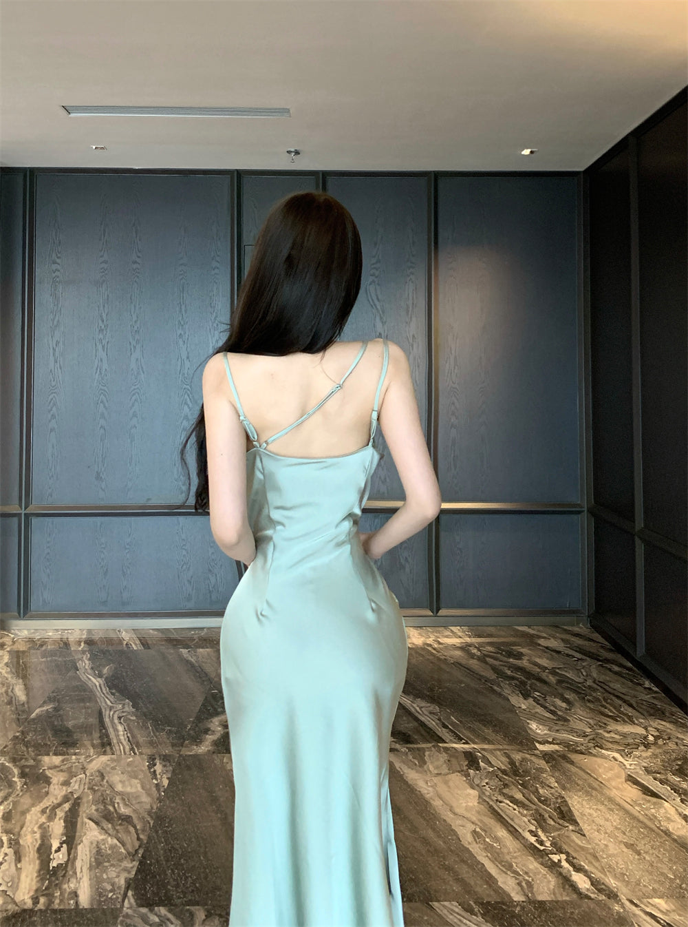 Romantic Light Mint Green 3D Flower Accent Maxi Dress Chic Cowl Neck Spaghetti Straps Crisscross Back Mermiad Long Dress AP1966