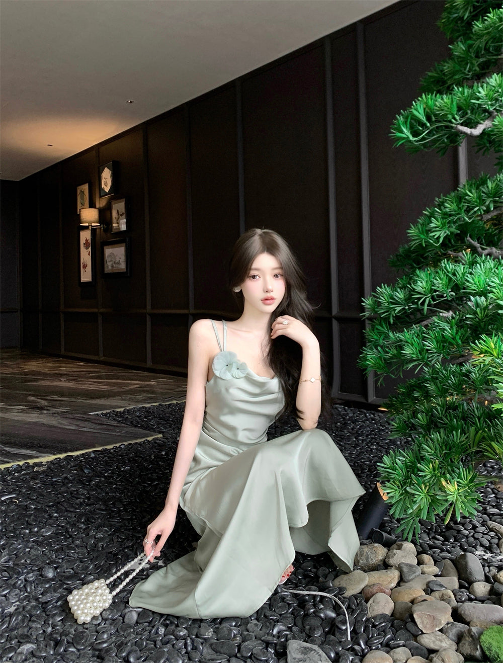 Romantic Light Mint Green 3D Flower Accent Maxi Dress Chic Cowl Neck Spaghetti Straps Crisscross Back Mermiad Long Dress AP1966